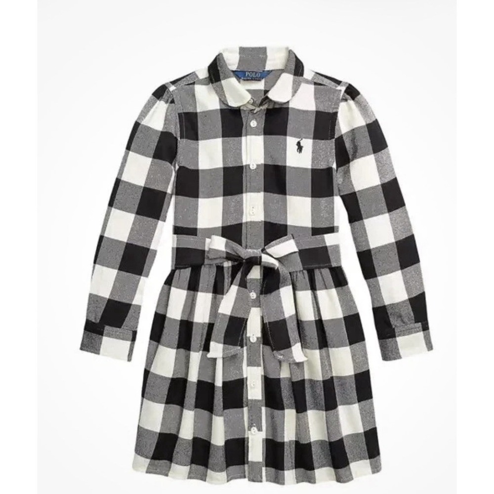 Ralph Lauren Polo Girls 6x Black Cream Buffalo Check Cotton Shirt Dress Flannel